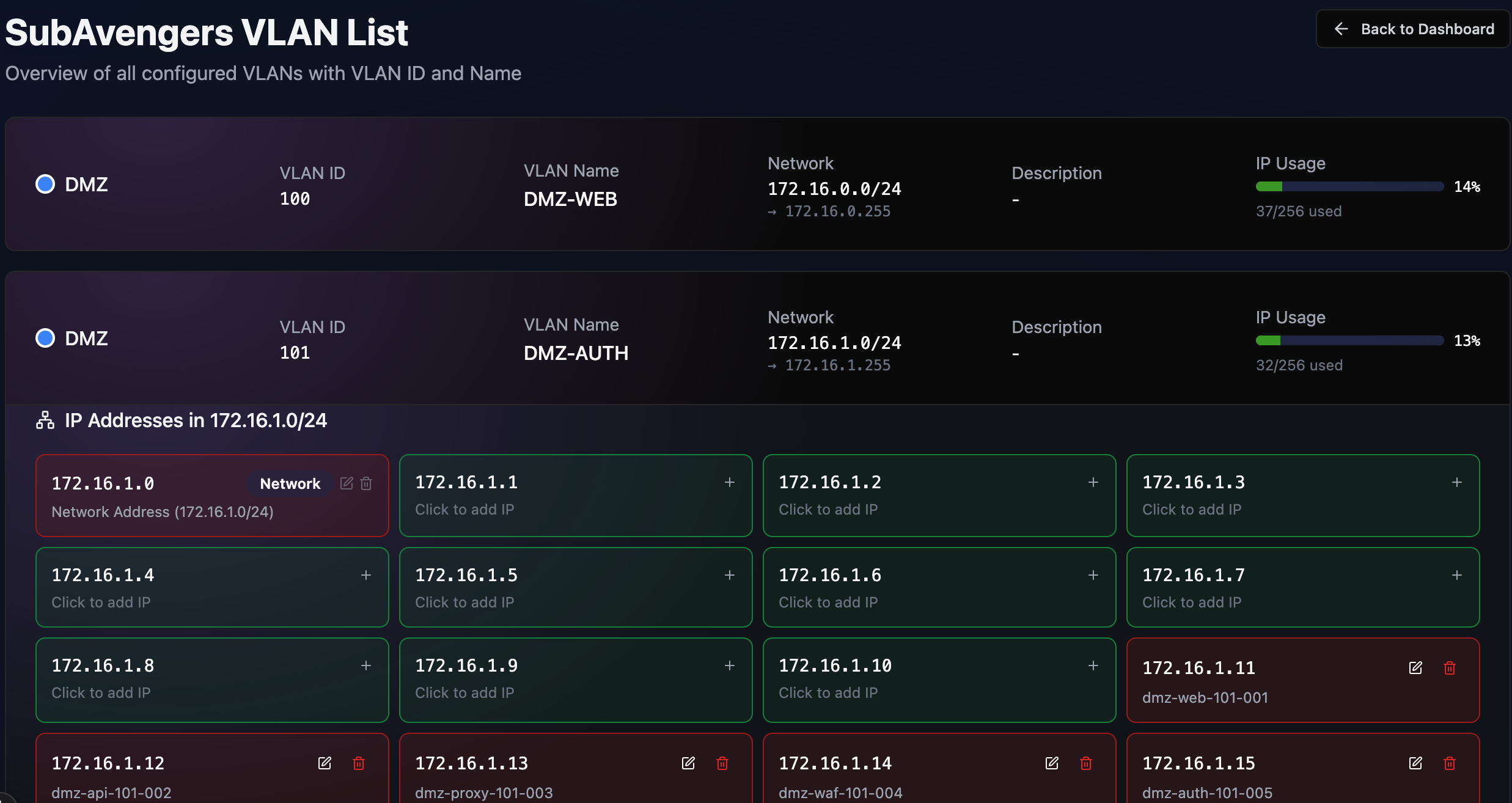 VLAN List screen with VLAN IDs, names and subnets